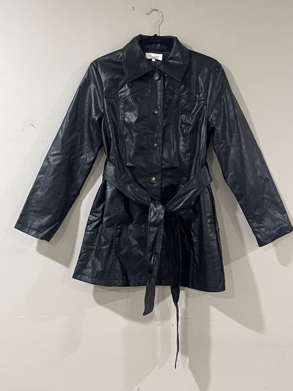Women's Black Belted Faux Leather Jacket with Button Front
